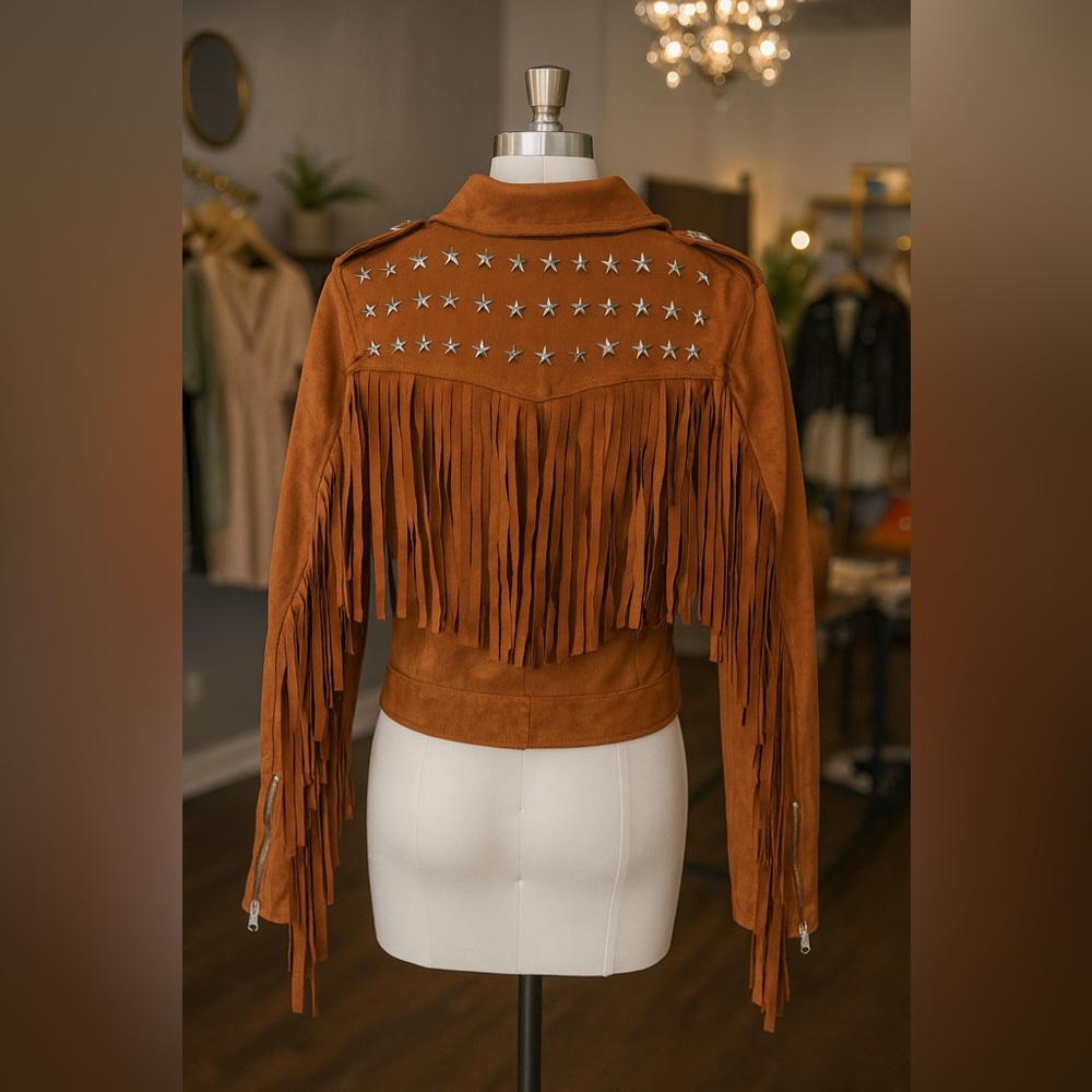 Tan Suede Leather Jacket with Fringe and Star Details - Picture 2 of 5